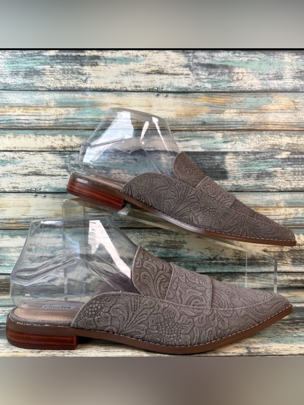 Charles David Porter Mule Womens 7.5M Embossed Gray Leather Pointed Toe Shoes